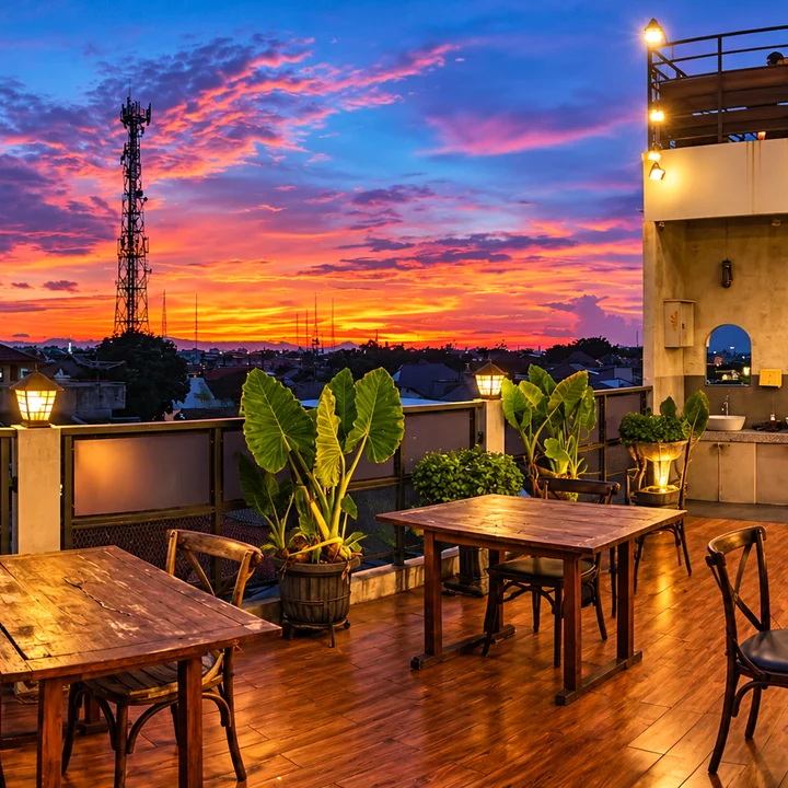 Langit sore dengan gradasi warna di atas rooftop