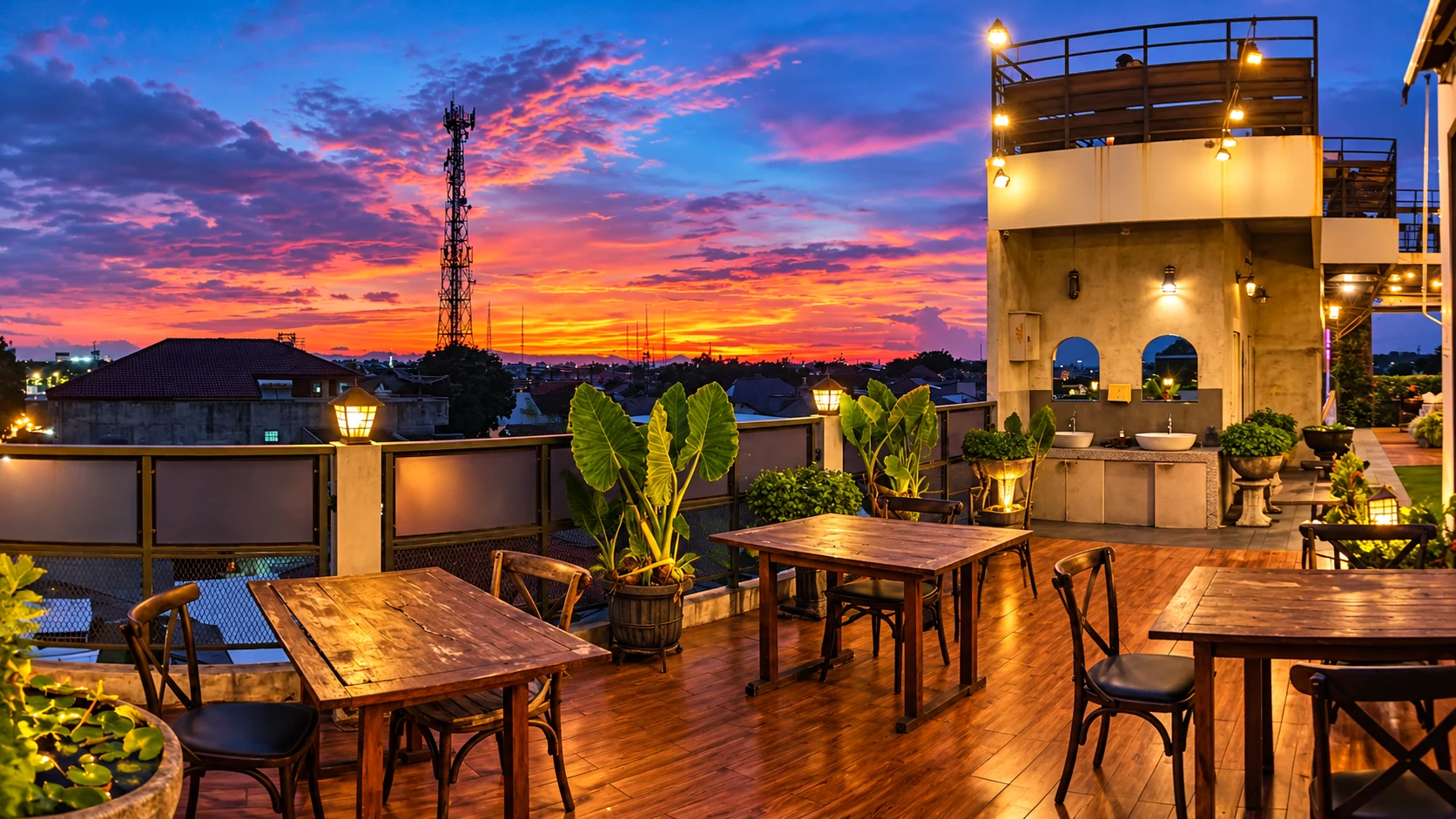 Pemandangan langit senja dari rooftop kafe
