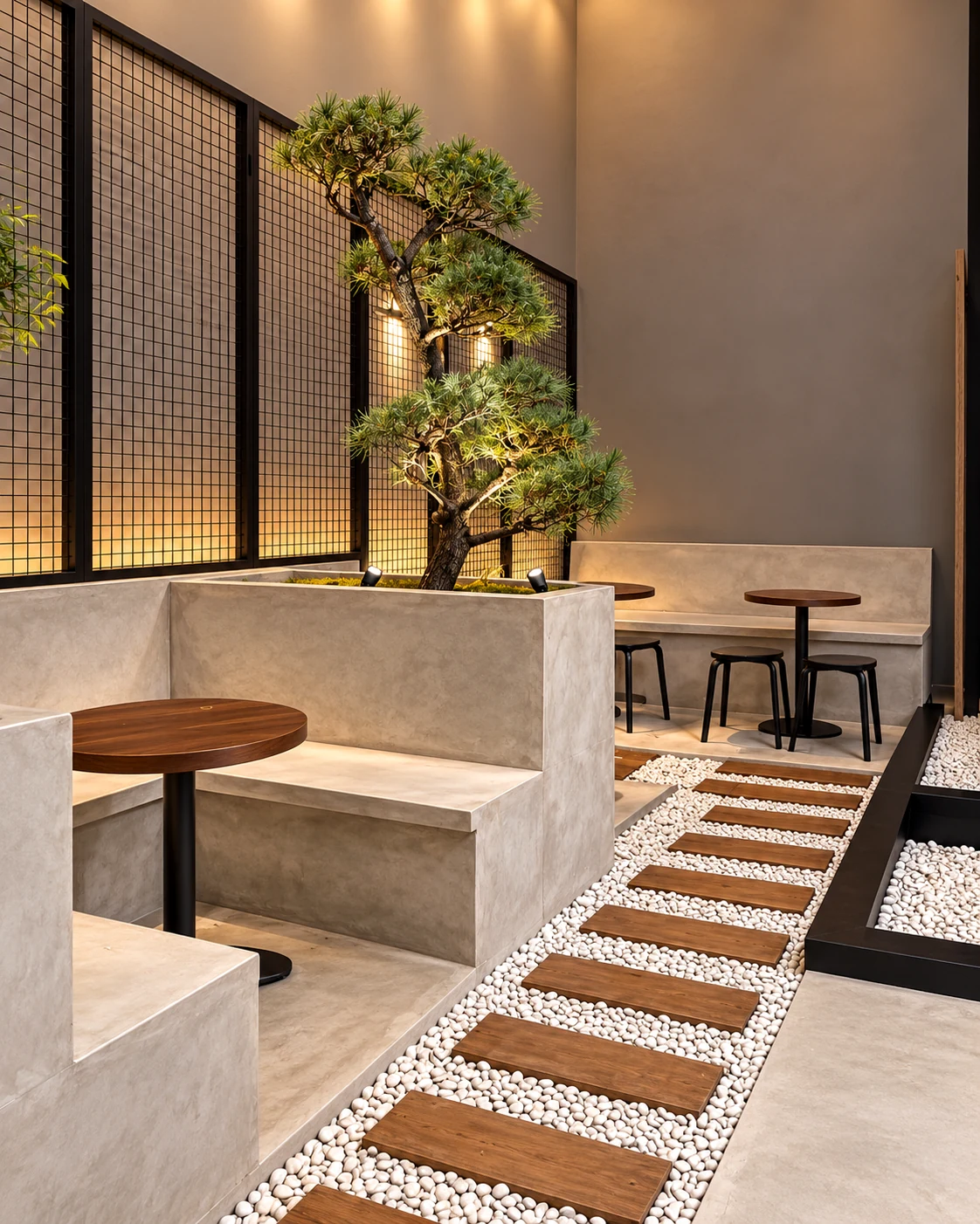 Area duduk minimalis Upstairs Coffee Signature dengan tanaman dekoratif